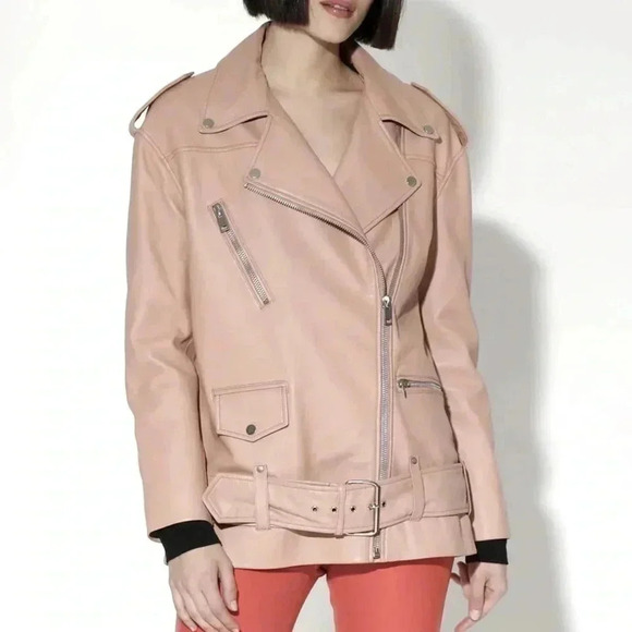 NWT Walter Baker Pink Oversized Moto Leather Jacket - Picture 1 of 9